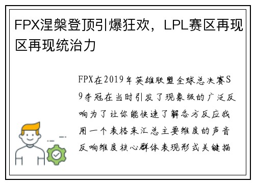 FPX涅槃登顶引爆狂欢，LPL赛区再现区再现统治力